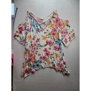 Misia Floral Cold Shoulder Asymmetrical Hem Blouse, Size 1X